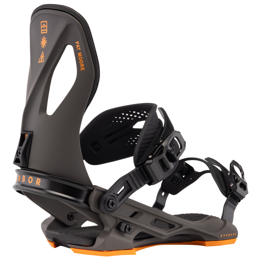 Black and orange snowboard binding on a white background