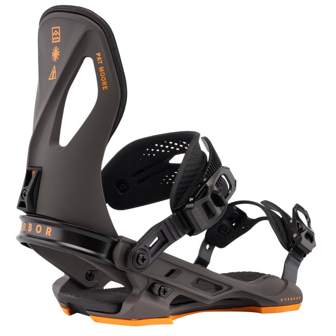 Black and orange snowboard binding on a white background